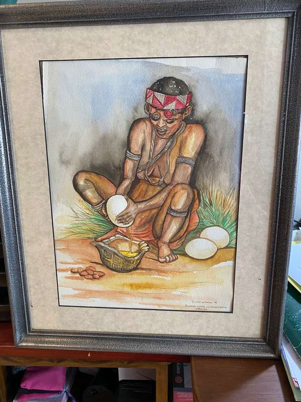 Original watercolour `Bushmen woman on food gathering exhibition`
